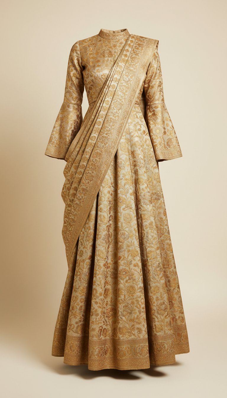 Golden Brocade Dupatta Gown